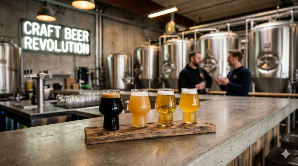 Four beer glasses on bar, brewery tanks in background, two people talking.