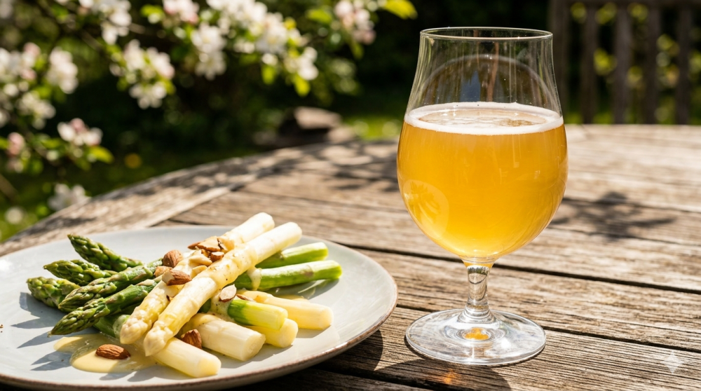 Glass of beer and plate of asparagus with nuts on outdoor table.