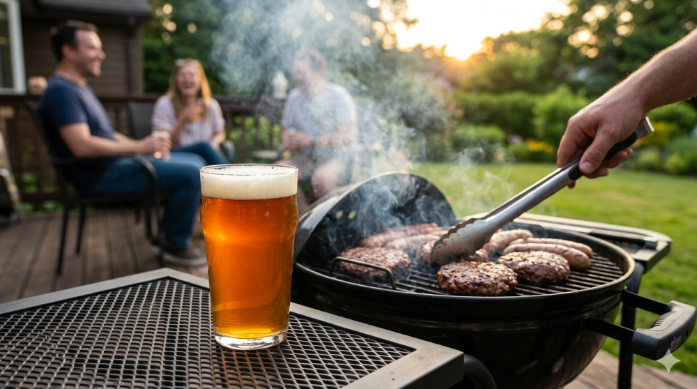 Grilling burgers on a barbecue with a beer glass nearby, people chatting in the background.