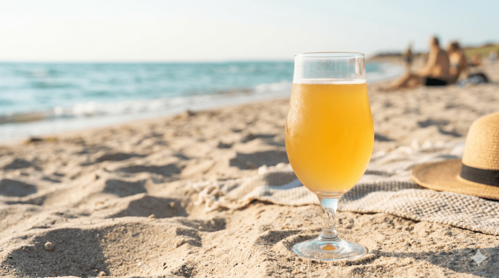 Glass of beer on a sandy beach with people and ocean in the background.