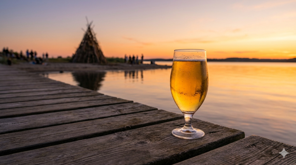 Glass of beer on dock overlooking water at sunset with bonfire in distance.
