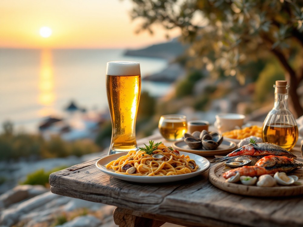 Outdoor table with pasta, seafood, beer, and sunset view over the sea.