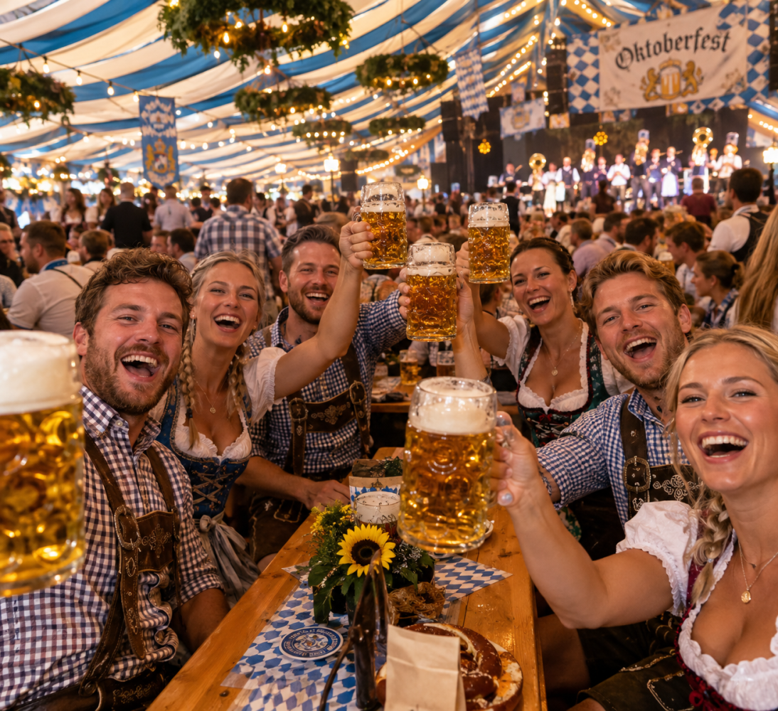 Group of people in traditional attire cheer with large beer mugs at Oktoberfest indoors.